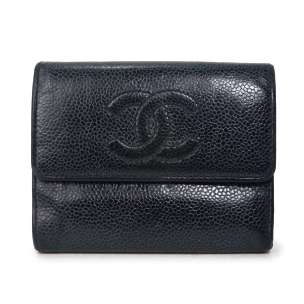 OLD CHANEL　ココステッチ三つ折財布（黒/キャビアスキン）