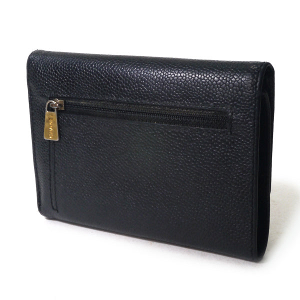 【極美品】CHANEL 三つ折り財布　ココマーク　キャビアスキン　黒 CHANEL ココステッチ三つ折ミドル財布（黒/キャビアスキン