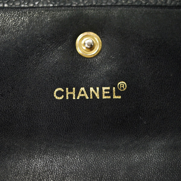 CHANEL　ココステッチ三つ折ミドル財布（黒/キャビアスキン）