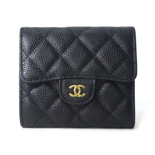 CHANEL　マトラッセ クラシック三つ折り財布（黒/キャビアスキン）