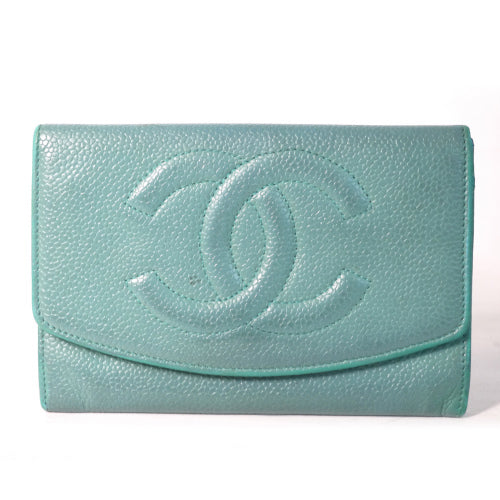 OLD CHANEL  ＜訳アリ＞ キャビアスキンココマークステッチ折財布（水色）