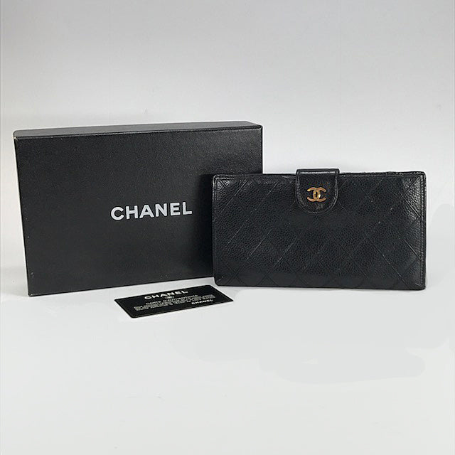 OLD CHANEL　マトラッセがま口長財布（キャビアスキン/黒）