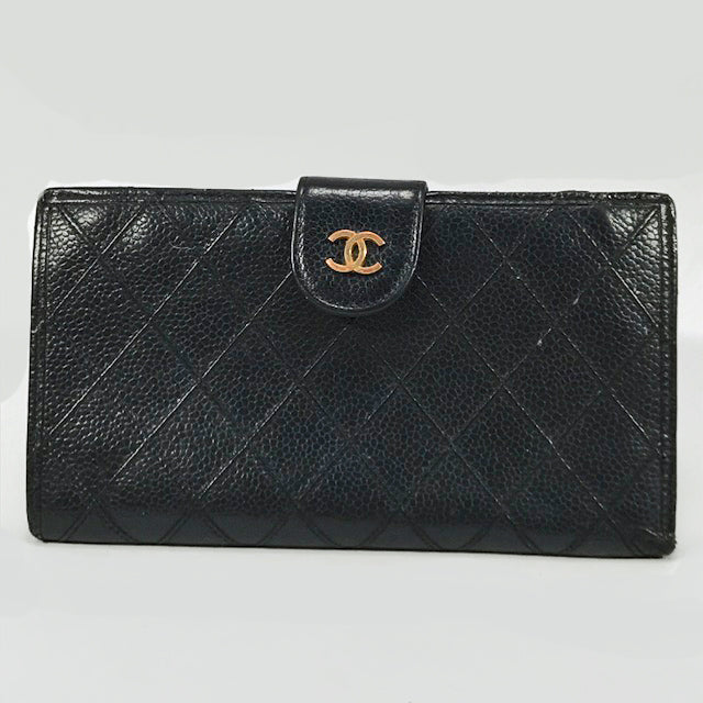OLD CHANEL　マトラッセがま口長財布（キャビアスキン/黒）