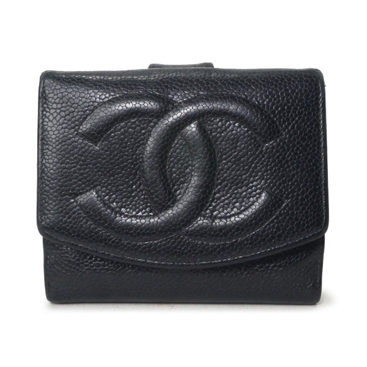 OLD CHANEL　ココステッチWホック折財布（黒/キャビアスキン）