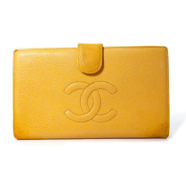 人気‼️CHANEL シンプリ―CC キャビアスキン 長財布 イエロー 19 美品！シャネルキャビアスキンCCフィリグリー長財布イエロー