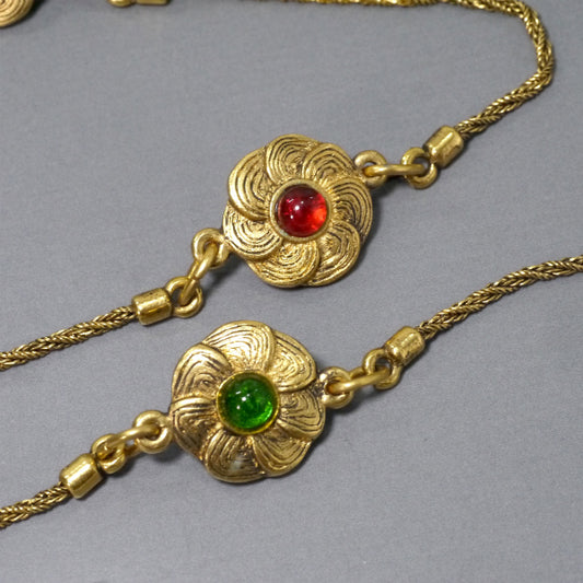 OLD CHANEL フラワー×ストーン　ロングネックレス（ゴールド）