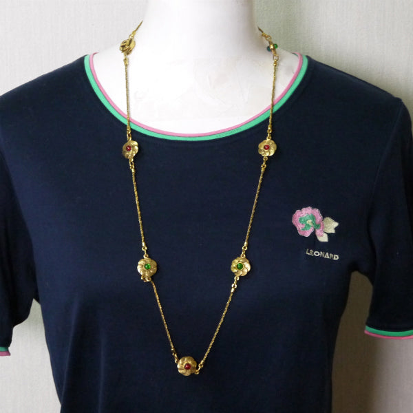 OLD CHANEL フラワー×ストーン　ロングネックレス（ゴールド）