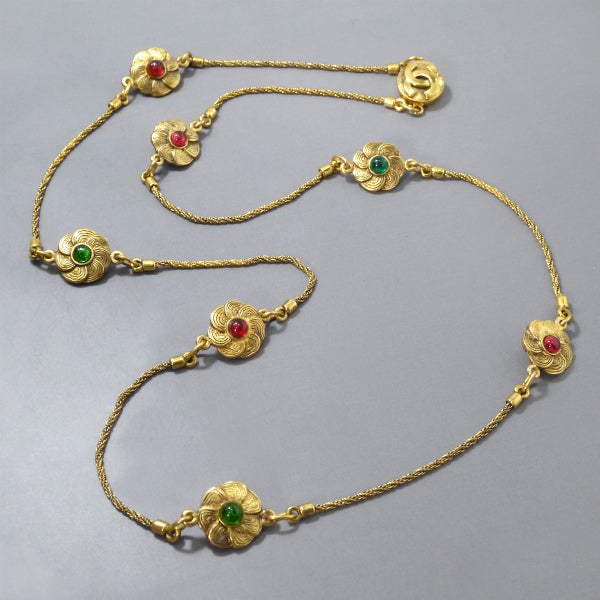 OLD CHANEL フラワー×ストーン　ロングネックレス（ゴールド）