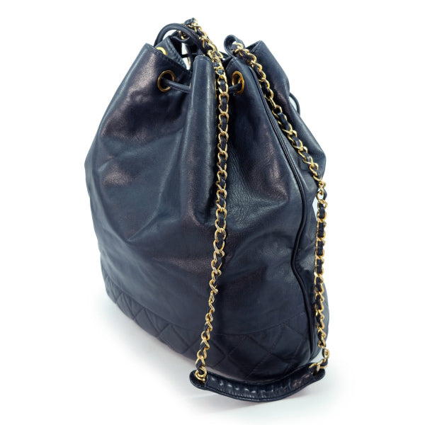 OLD CHANEL　総革マトラッセ巾着チェーンショルダー（紺）