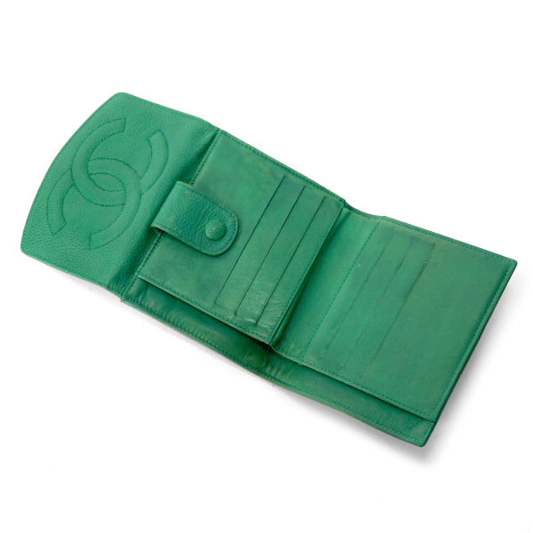 OLD CHANEL　ココステッチWホック折財布（緑/キャビアスキン）