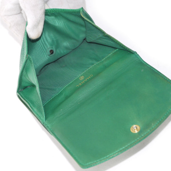 OLD CHANEL　ココステッチWホック折財布（緑/キャビアスキン）