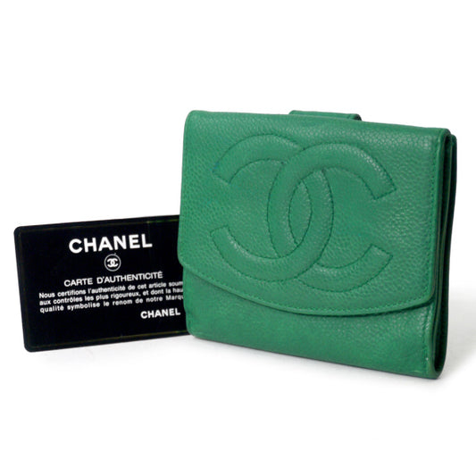 OLD CHANEL　ココステッチWホック折財布（緑/キャビアスキン）