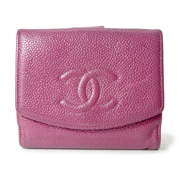 OLD CHANEL　ココステッチWホック折財布（ピンク/キャビアスキン）
