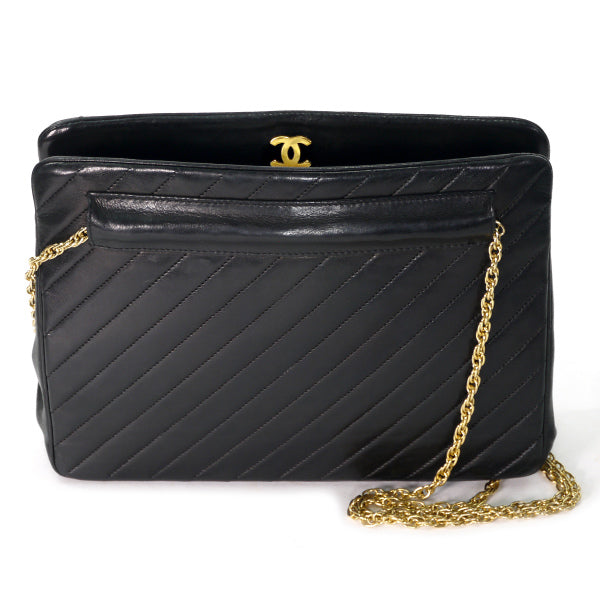 OLD CHANEL マドモアゼルステッチ がま口チェーンバッグ（黒/ラムスキン）