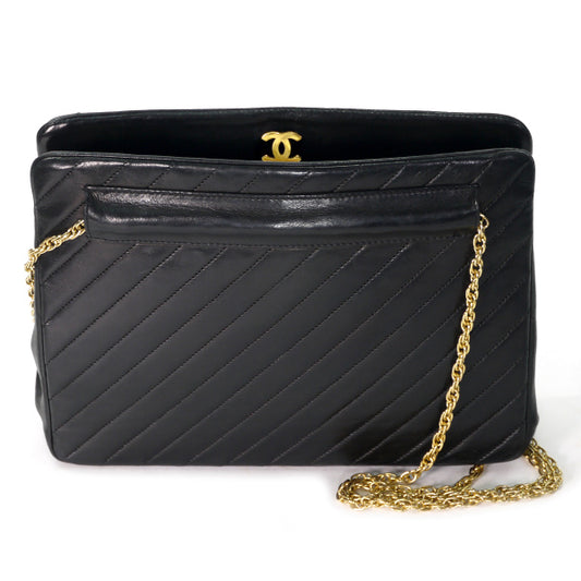 OLD CHANEL マドモアゼルステッチ がま口チェーンバッグ（黒/ラムスキン）