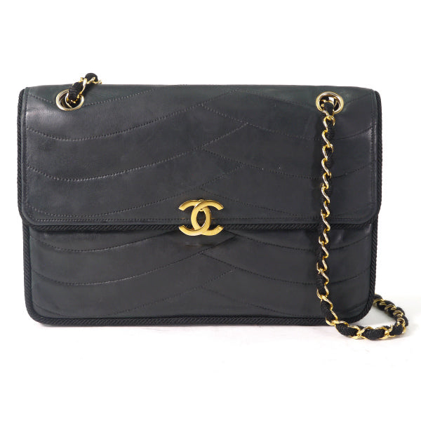 OLD CHANEL 波型ステッチ Wチェーンバッグ（黒/ラムスキン）