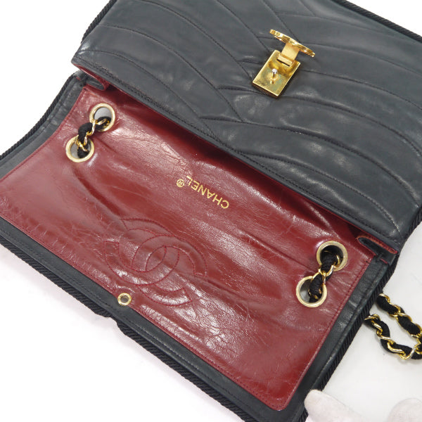 OLD CHANEL 波型ステッチ Wチェーンバッグ（黒/ラムスキン）