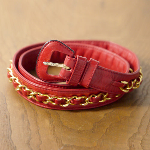 OLD CHANEL　チェーン×レザーベルト(赤）