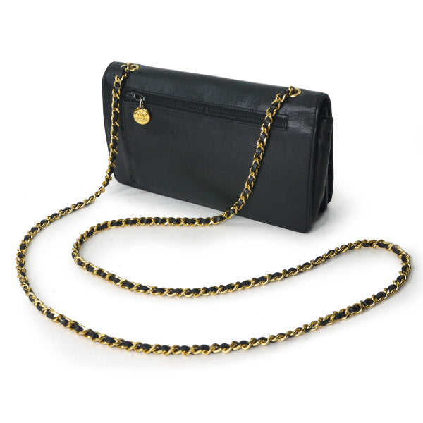 OLD CHANEL　ココマークステッチチェーンウォレット（黒/キャビアスキン）