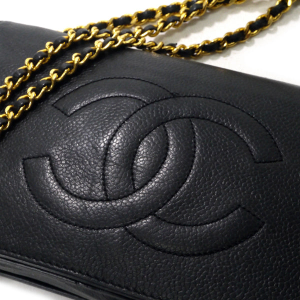 OLD CHANEL　ココマークステッチチェーンウォレット（黒/キャビアスキン）