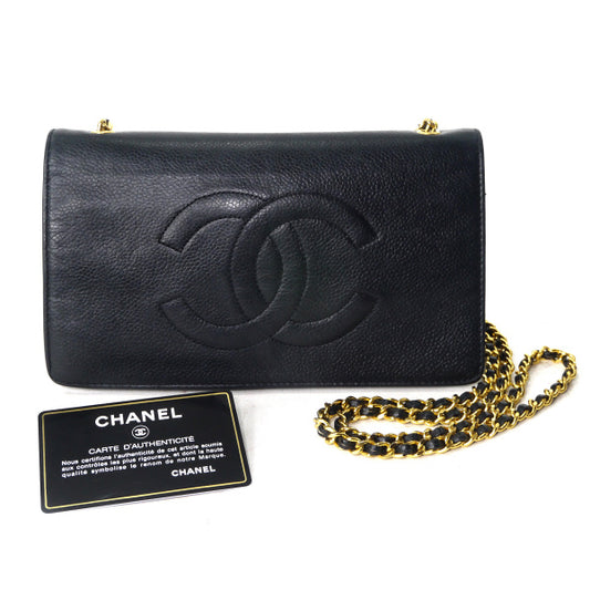 OLD CHANEL　ココマークステッチチェーンウォレット（黒/キャビアスキン）