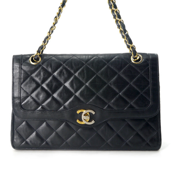 OLD CHANEL 80s パリ限定デザインフラップチェーンバッグ（黒/ラムスキン）