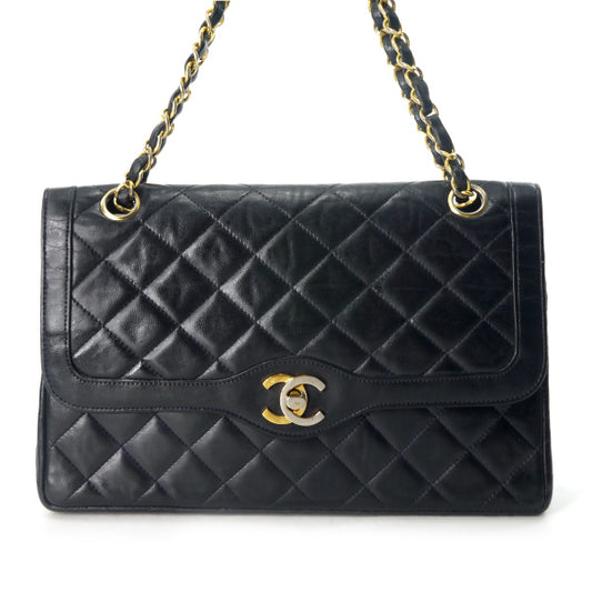 OLD CHANEL 80s パリ限定デザインフラップチェーンバッグ（黒/ラムスキン）