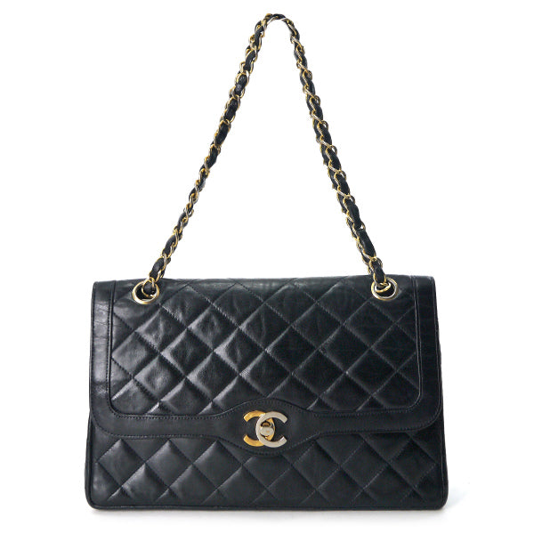 OLD CHANEL 80s パリ限定デザインフラップチェーンバッグ（黒/ラムスキン）