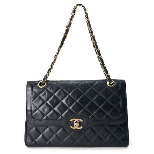 OLD CHANEL 80s パリ限定デザインフラップチェーンバッグ（黒/ラムスキン）