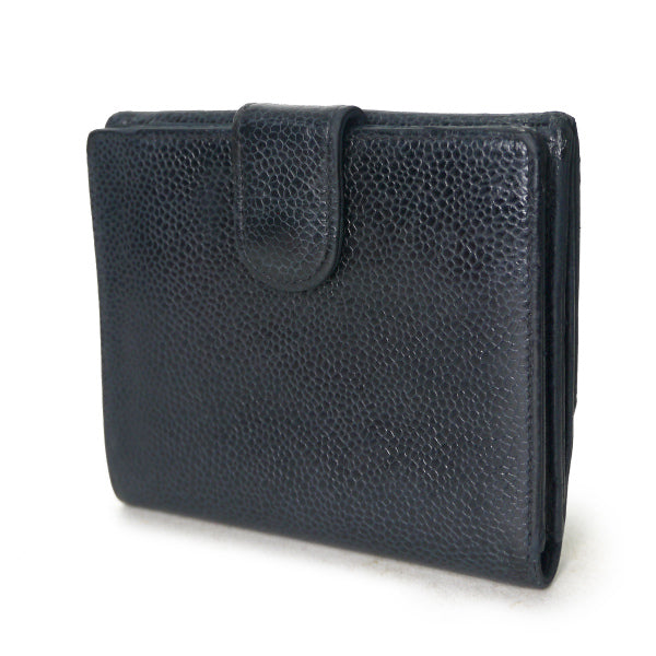 OLD CHANEL　ミニココステッチWホック折財布（黒/キャビアスキン）