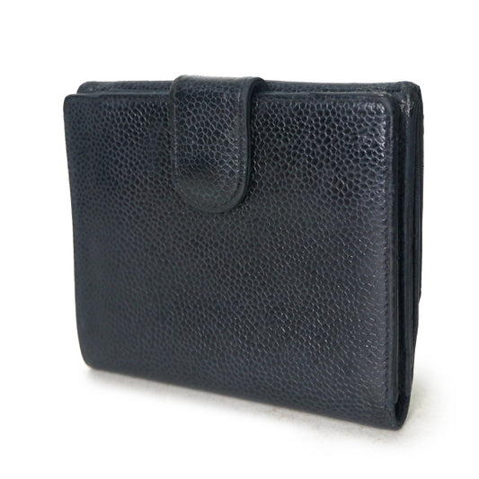 OLD CHANEL　ミニココステッチWホック折財布（黒/キャビアスキン）
