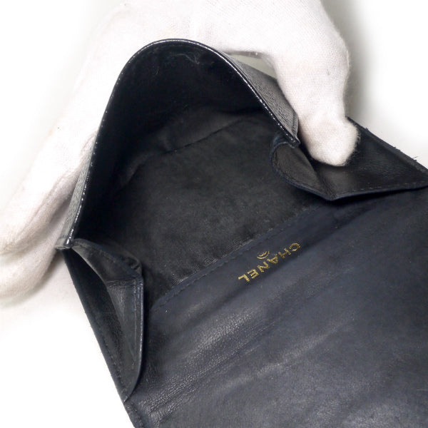 OLD CHANEL　ミニココステッチWホック折財布（黒/キャビアスキン）