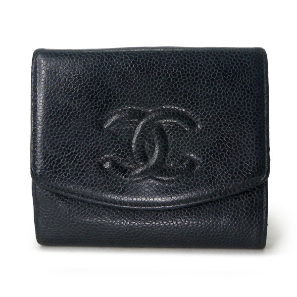 OLD CHANEL　ミニココステッチWホック折財布（黒/キャビアスキン）