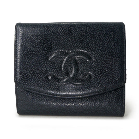 OLD CHANEL　ミニココステッチWホック折財布（黒/キャビアスキン）