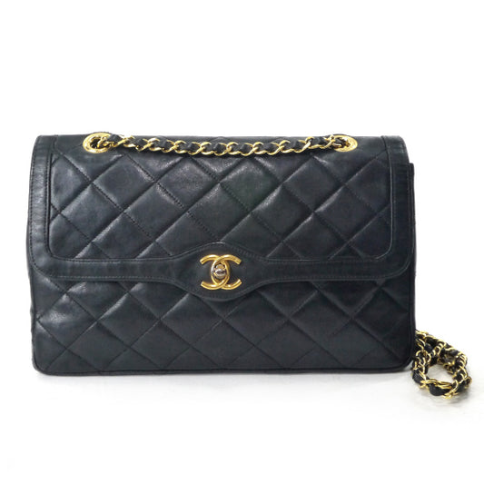 OLD CHANEL　エッジデザインWフラップWチェーンバッグ（黒）