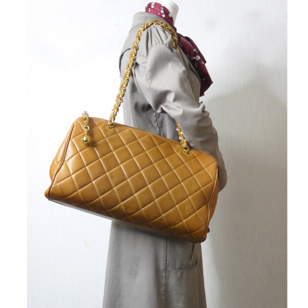 OLD CHANEL　マトラッセ横長チェーントートバッグ（キャメル）