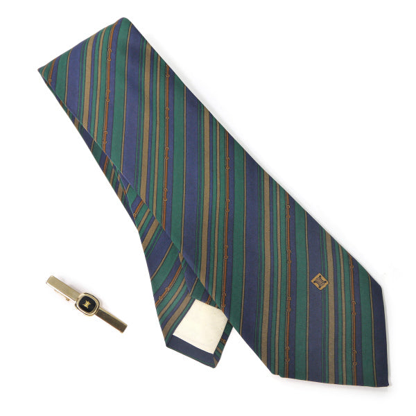 OLD CELINE　ストライプ柄ネクタイ&ネクタイピン （グリーン系）