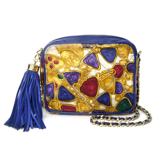 CHANEL 80s　ビジュー柄サテンフリンジバッグ