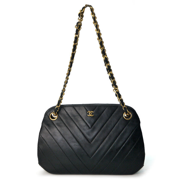 OLD CHANEL Vステッチココマークがま口チェーンバッグ（黒/ラムスキン）