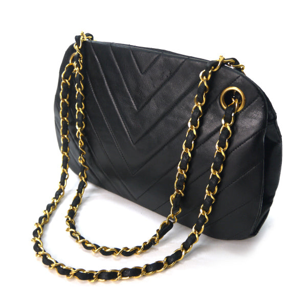 OLD CHANEL Vステッチココマークがま口チェーンバッグ（黒/ラムスキン）