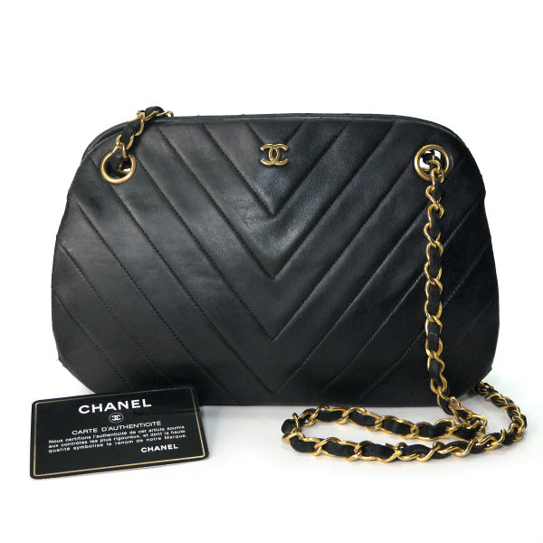 OLD CHANEL Vステッチココマークがま口チェーンバッグ（黒/ラムスキン）