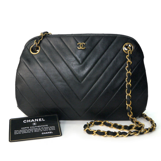 OLD CHANEL Vステッチココマークがま口チェーンバッグ（黒/ラムスキン）