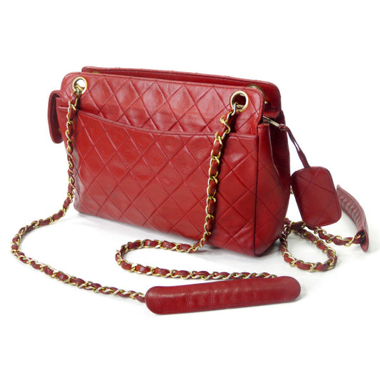 OLD CHANEL マトラッセ 外ポケットWチェーンバッグ（赤）