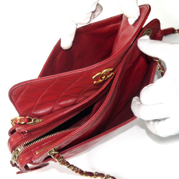 OLD CHANEL マトラッセ 外ポケットWチェーンバッグ（赤）