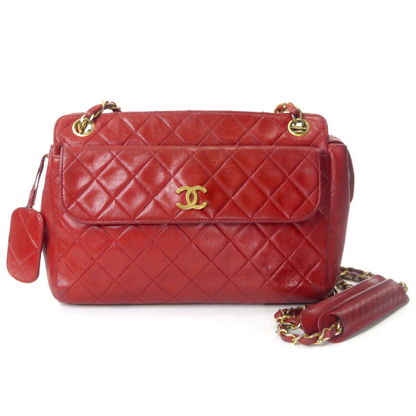 OLD CHANEL マトラッセ 外ポケットWチェーンバッグ（赤）