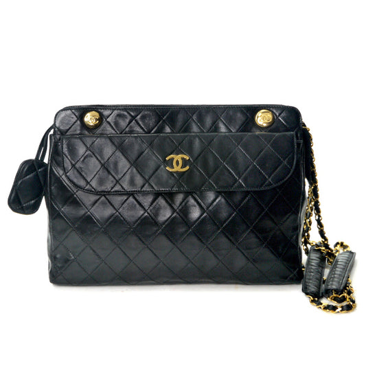 OLD CHANEL マトラッセ 外ポケットWチェーンバッグ（黒）