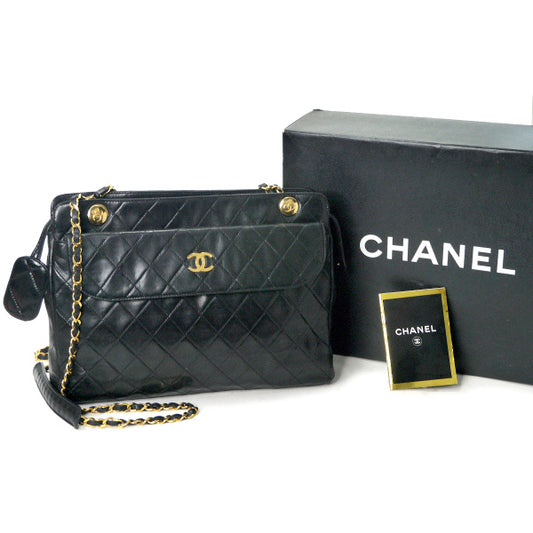 OLD CHANEL マトラッセ 外ポケットWチェーンバッグ（黒）