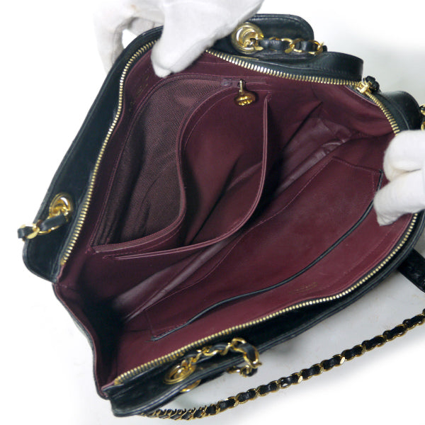OLD CHANEL マトラッセ 外ポケットWチェーンバッグ（黒）