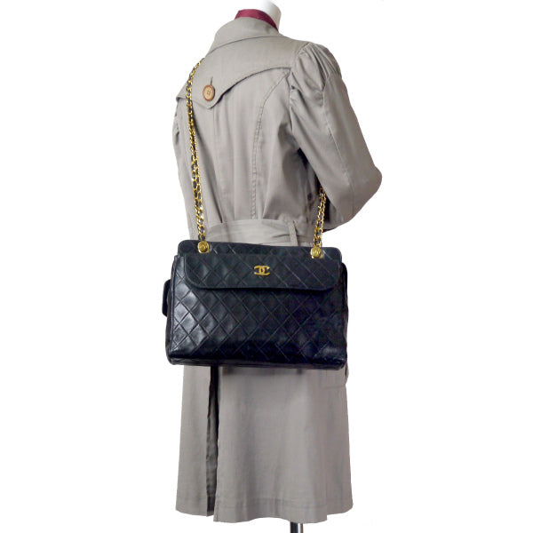 OLD CHANEL マトラッセ 外ポケットWチェーンバッグ（黒）