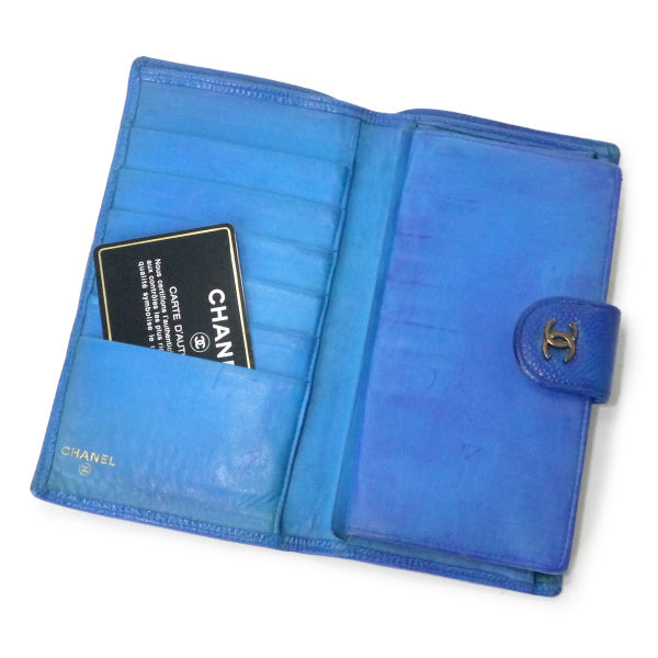 OLD CHANEL　ビコローレステッチがま口長財布（青/キャビアスキン）